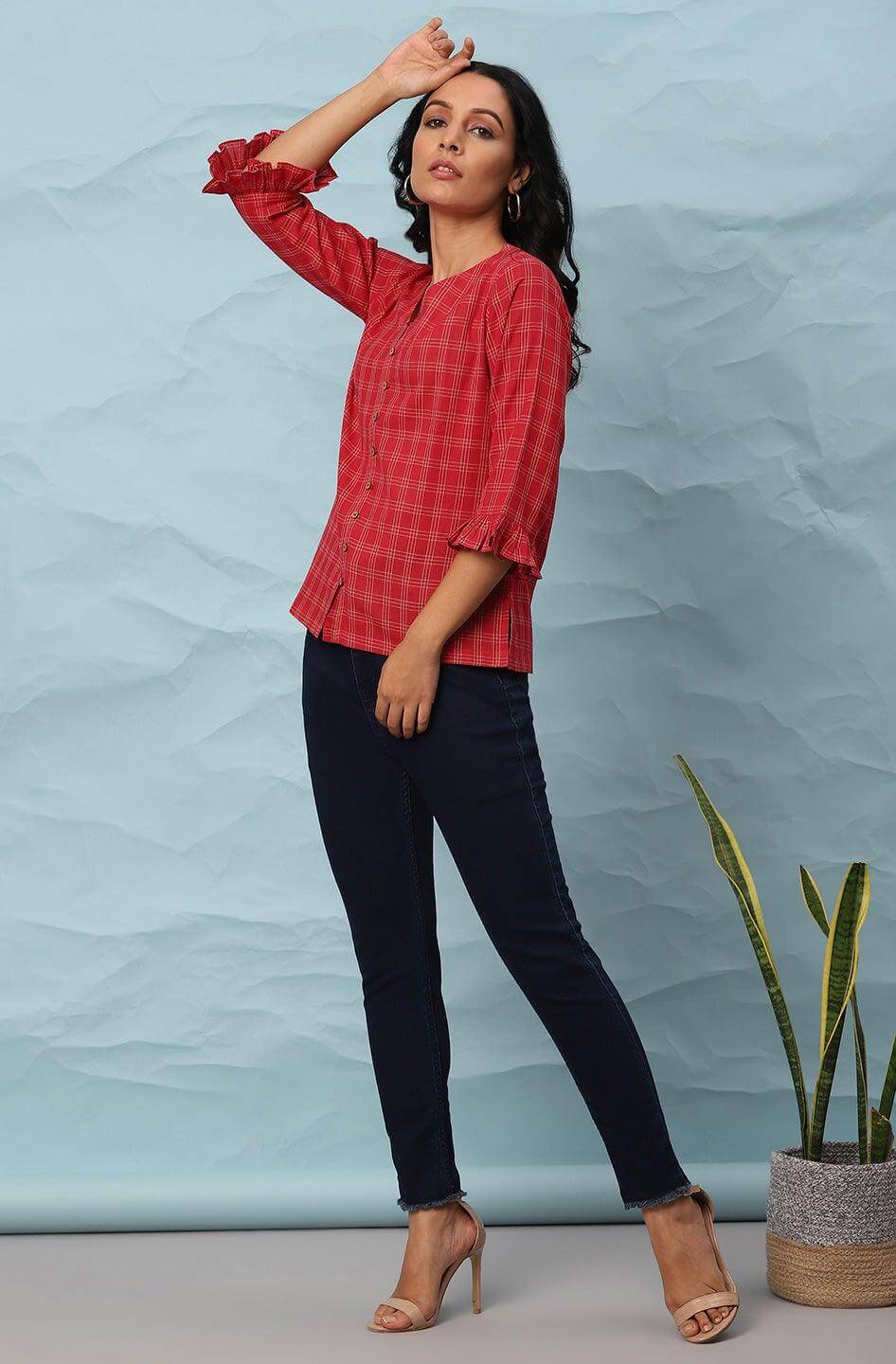 Red Cotton Checkered Regular Top