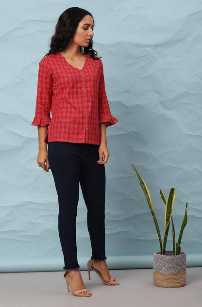 Red Cotton Checkered Regular Top