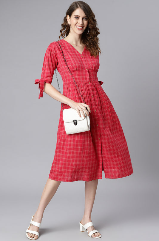 Red Cotton Checkered Flared Western Dress