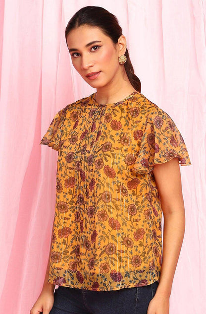 Mustard Poly Georgette Floral Print Regular Top