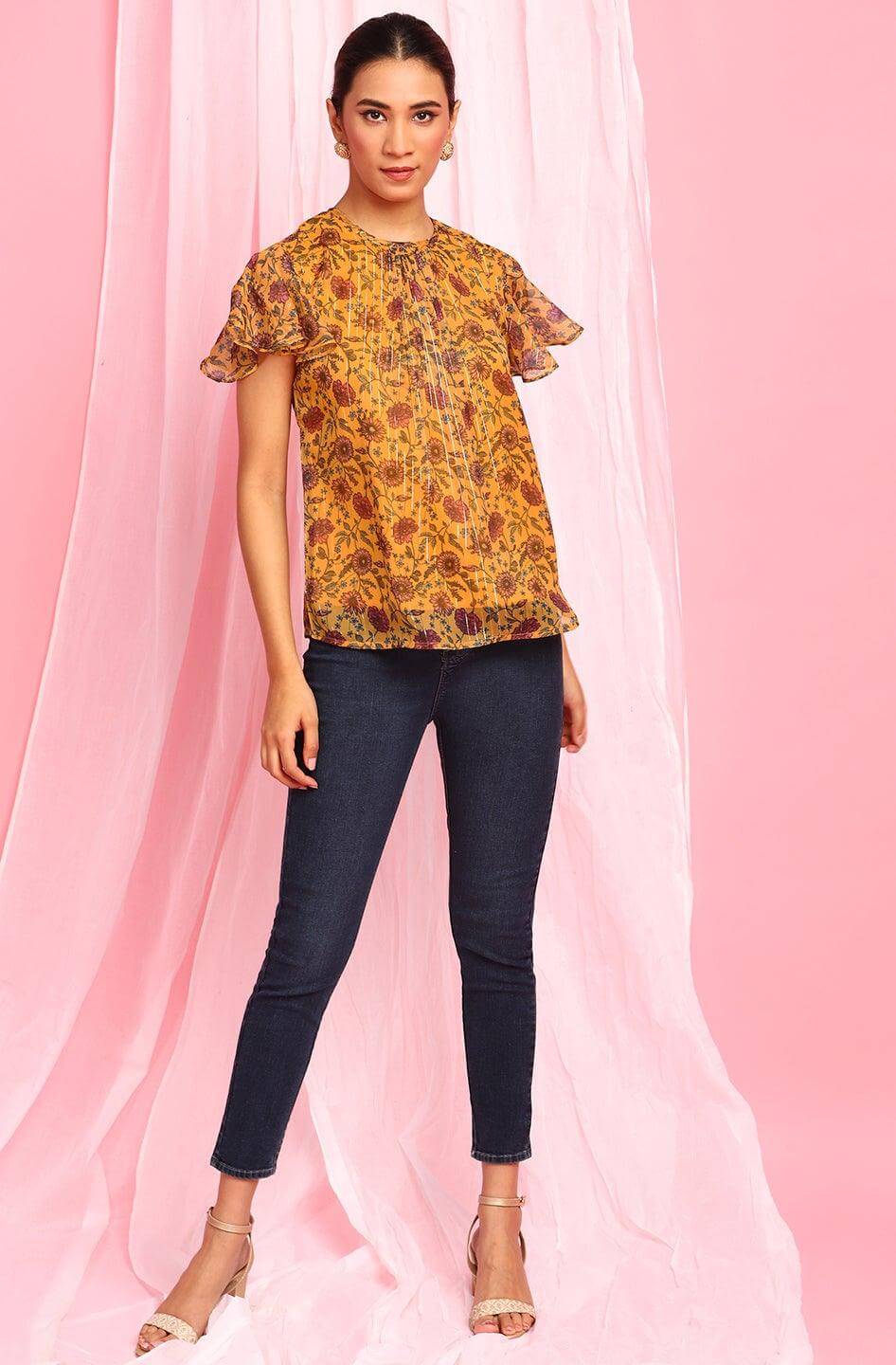 Mustard Poly Georgette Floral Print Regular Top