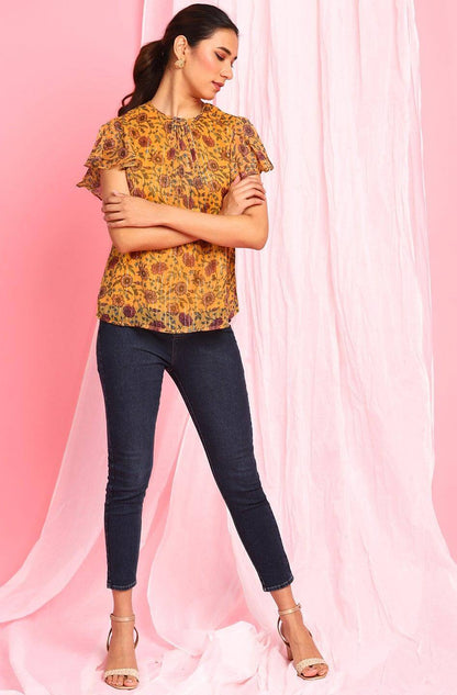 Mustard Poly Georgette Floral Print Regular Top