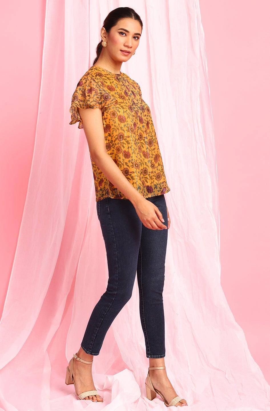 Mustard Poly Georgette Floral Print Regular Top