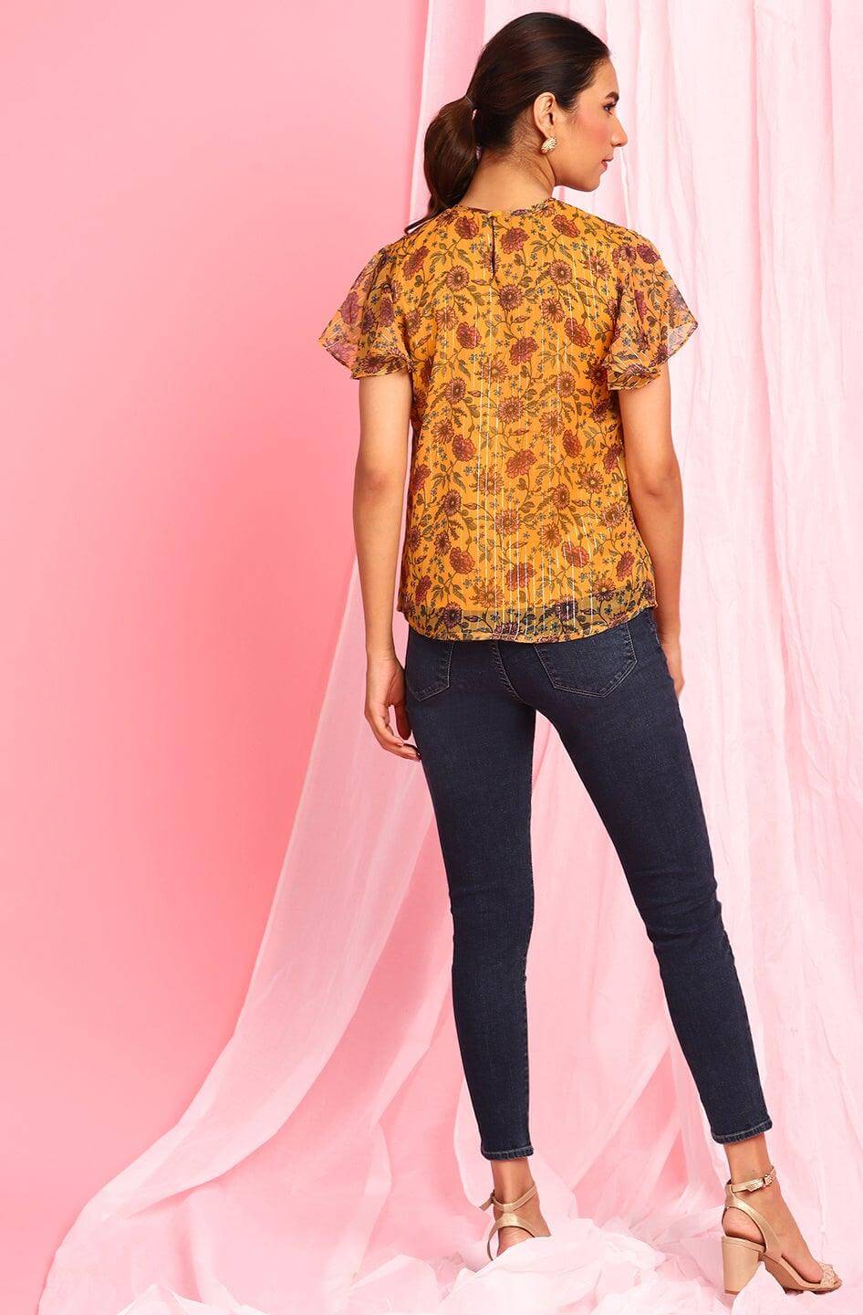 Mustard Poly Georgette Floral Print Regular Top