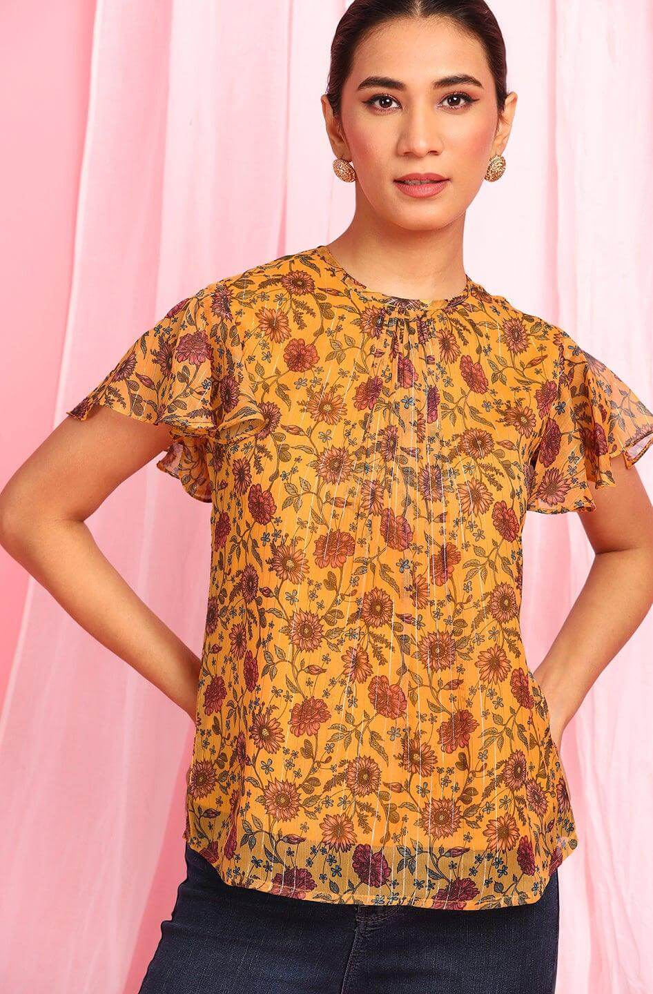 Mustard Poly Georgette Floral Print Regular Top