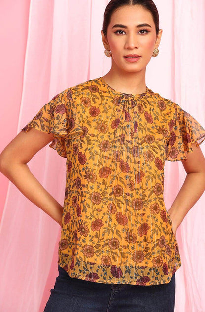 Mustard Poly Georgette Floral Print Regular Top