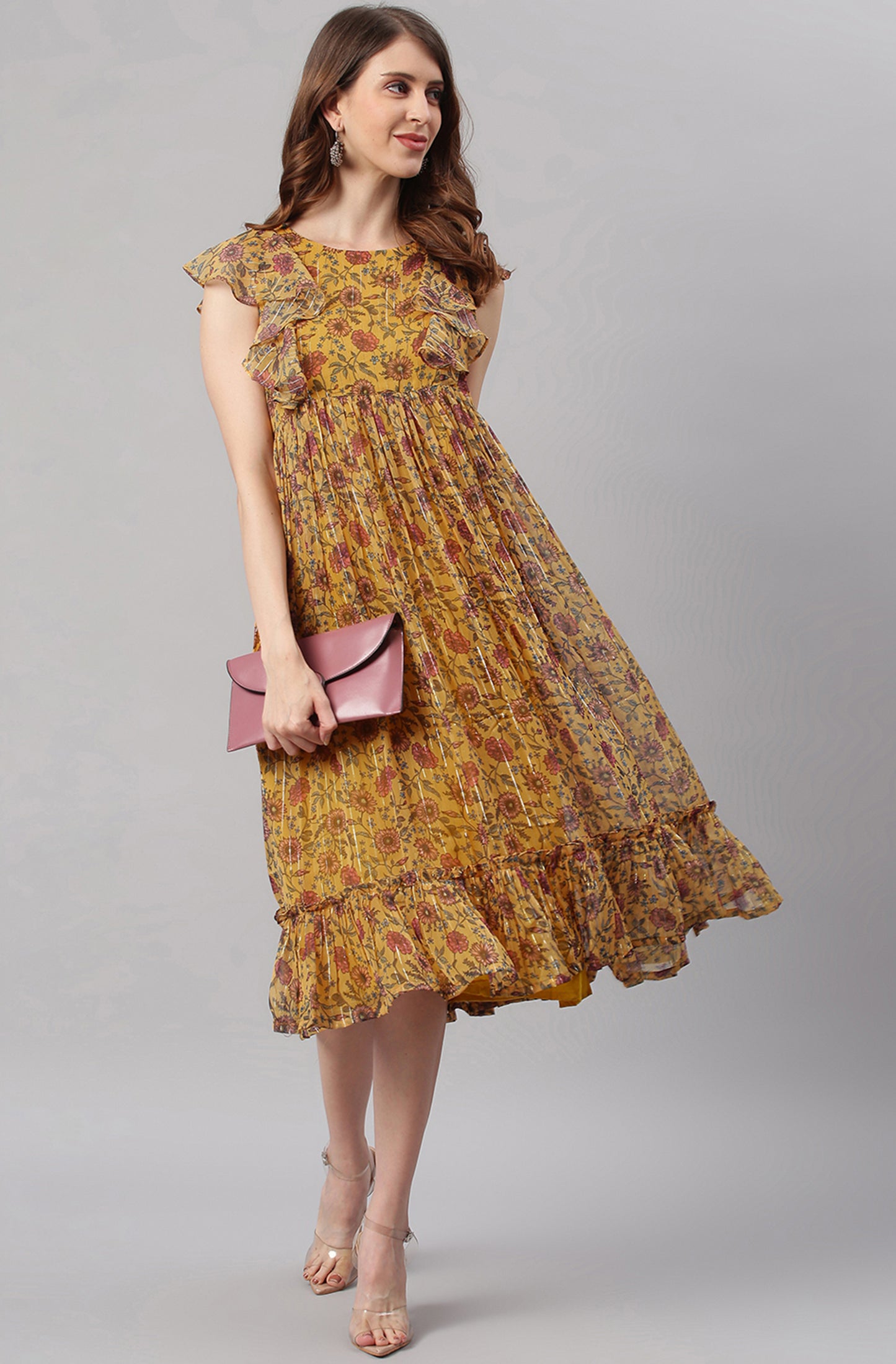 Mustard Poly Georgette Floral Flared Western Dress