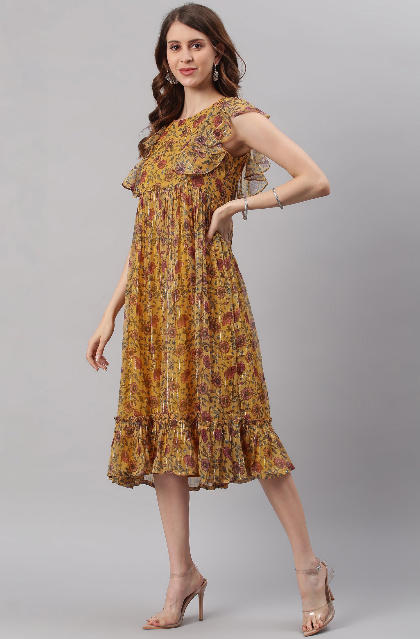 Mustard Poly Georgette Floral Flared Western Dress