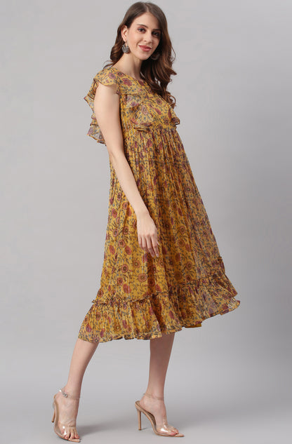 Mustard Poly Georgette Floral Flared Western Dress