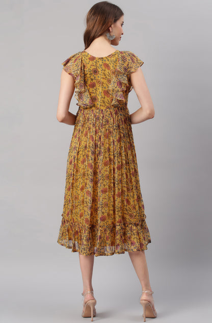 Mustard Poly Georgette Floral Flared Western Dress