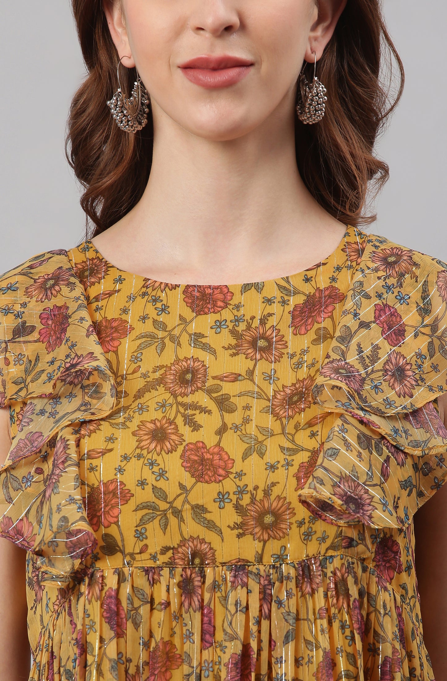 Mustard Poly Georgette Floral Flared Western Dress