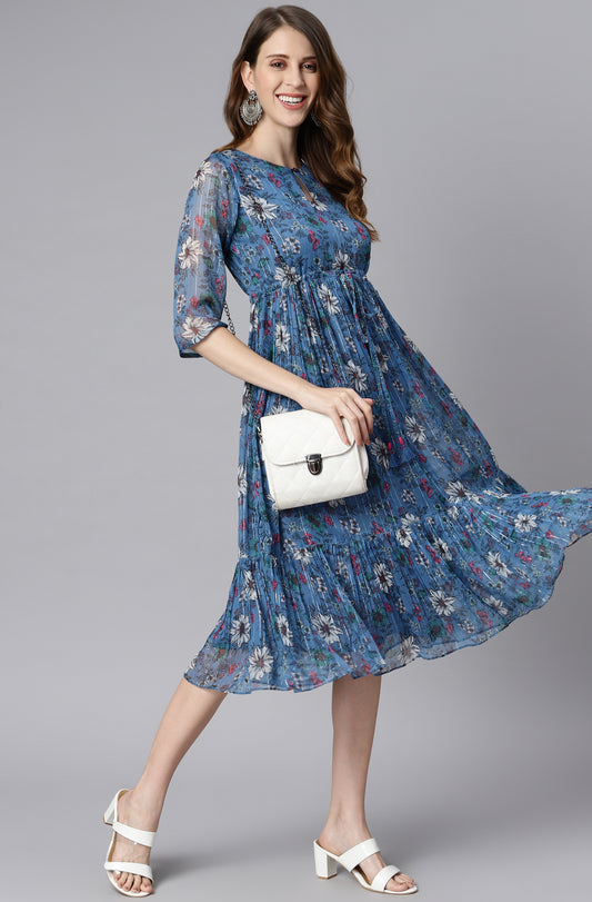 Blue Poly Georgette Floral Flared Western Dress