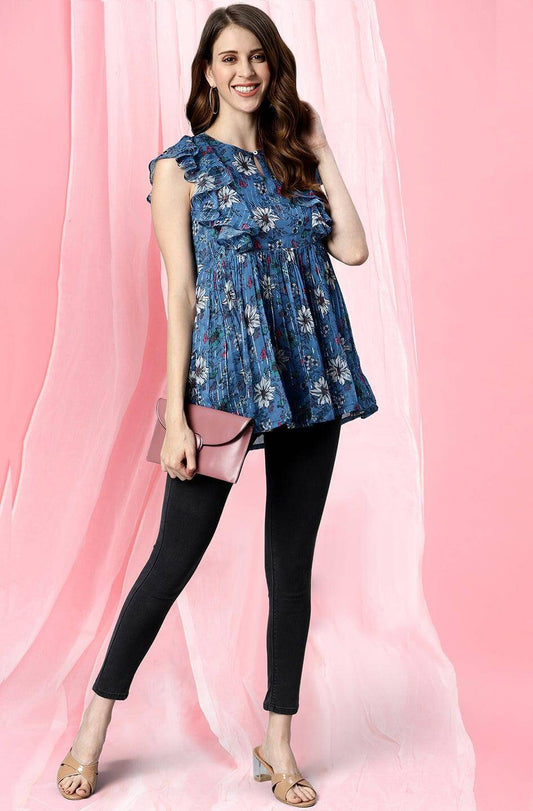 Blue Poly Georgette Floral Print Gathered Top