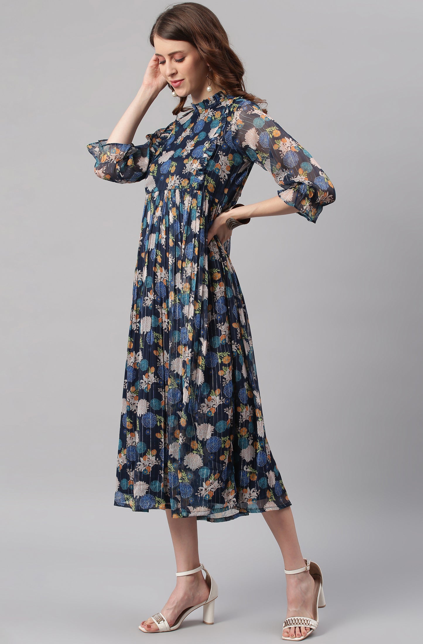 Navy Blue Poly Georgette Floral Flared Western Dress