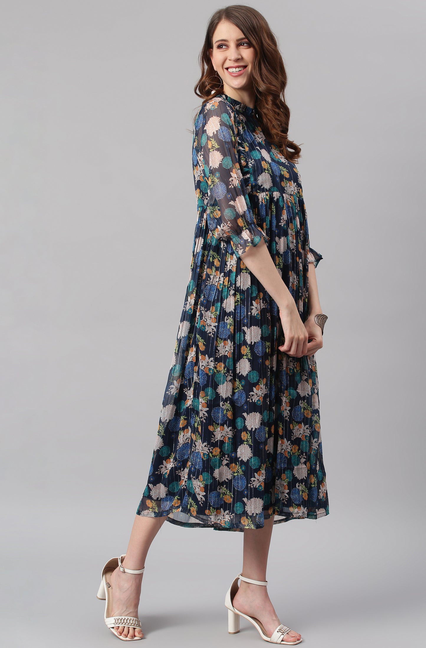 Navy Blue Poly Georgette Floral Flared Western Dress