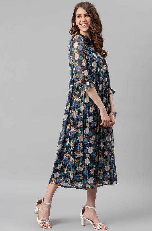 Navy Blue Poly Georgette Floral Flared Western Dress