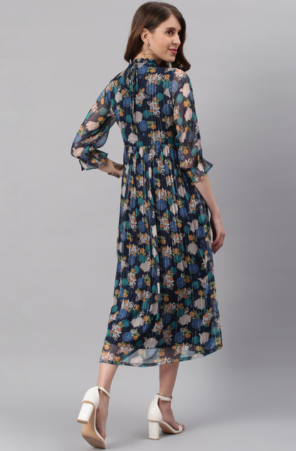 Navy Blue Poly Georgette Floral Flared Western Dress