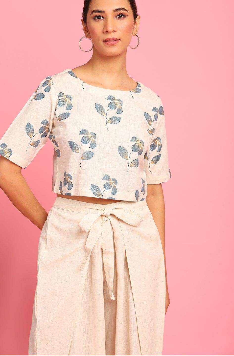 Cream Cotton Flex Floral Print Crop Top With Palazzo