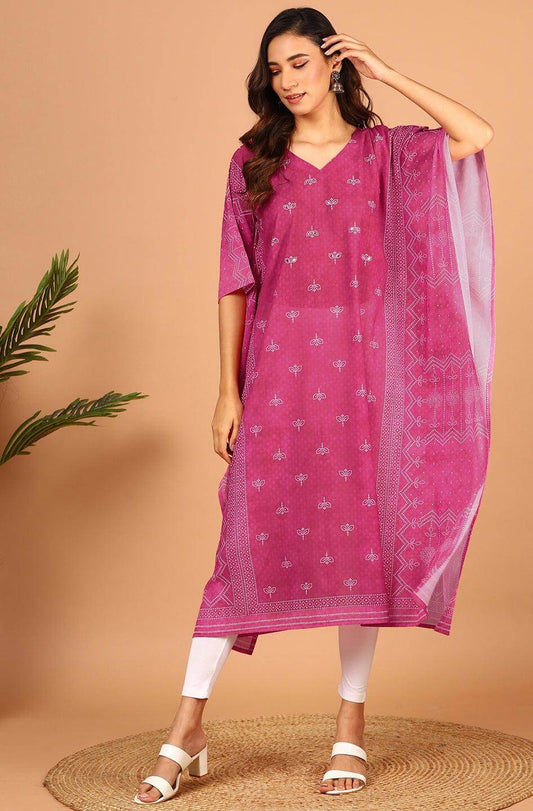 Pink Poly Georgette Bandhni Print Kaftan Kurta