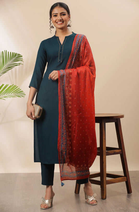 Silae Teal Rayon Solid Kurta With Pant And Dupatta