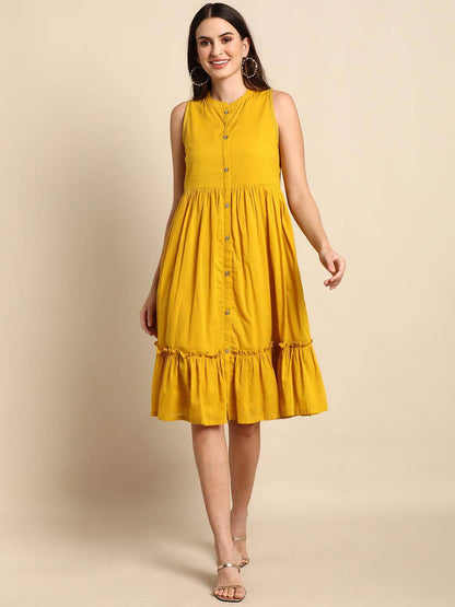 Mustard Cotton Solid Flared Western Dress