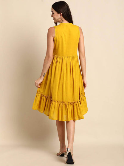 Mustard Cotton Solid Flared Western Dress