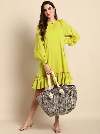 Yellow Cotton Solid Drop-Waist Western Dress