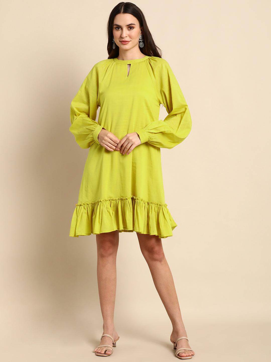 Yellow Cotton Solid Drop-Waist Western Dress