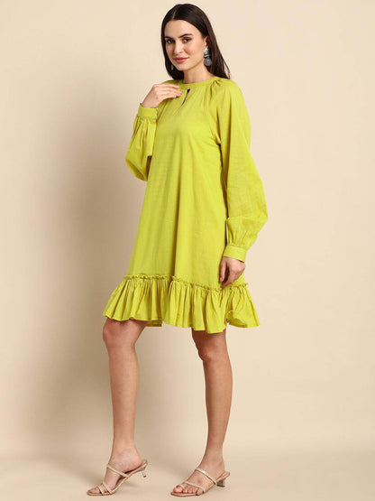 Yellow Cotton Solid Drop-Waist Western Dress