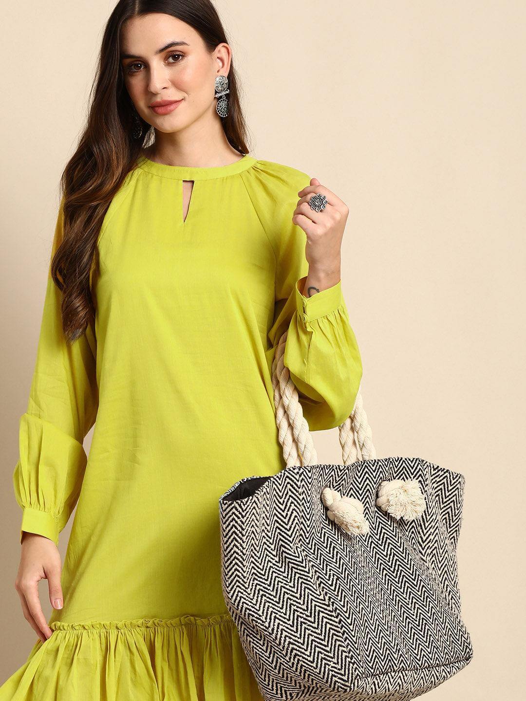 Yellow Cotton Solid Drop-Waist Western Dress