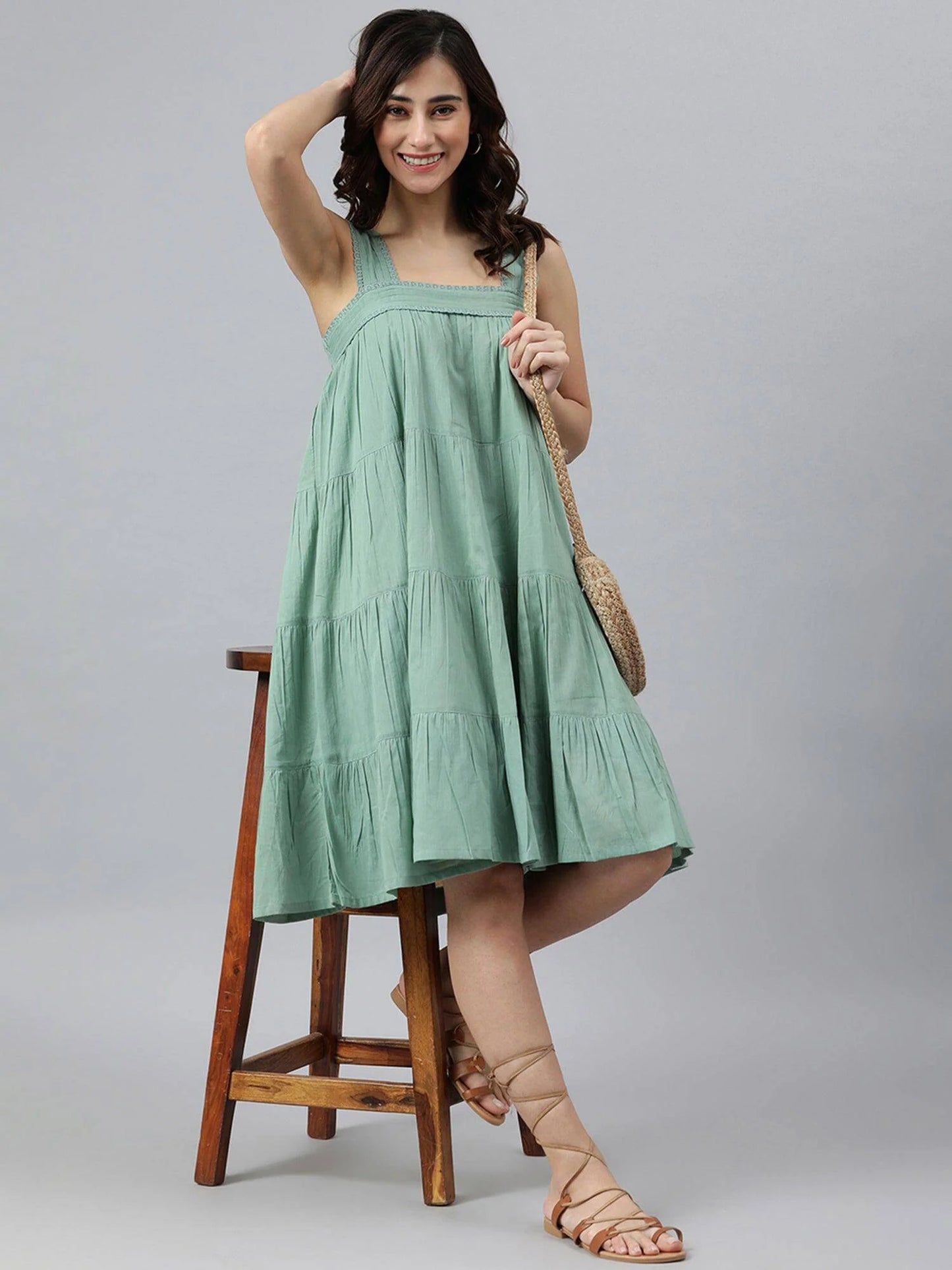 Mint Green Cotton Solid Flared Western Dress