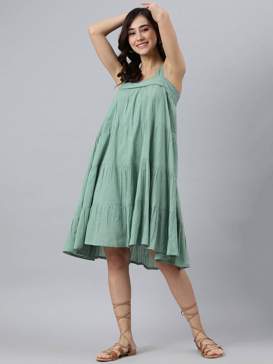 Mint Green Cotton Solid Flared Western Dress