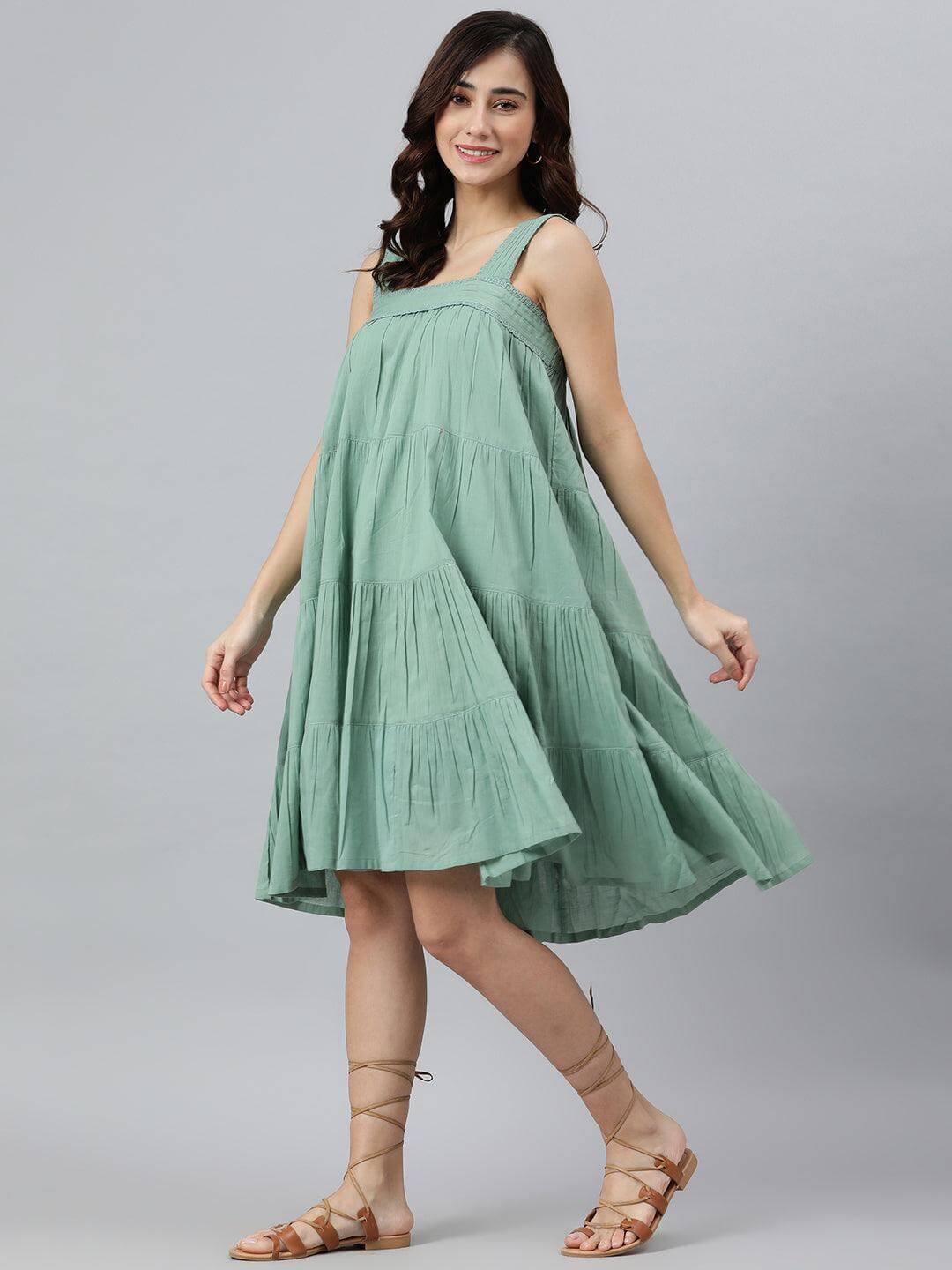 Mint Green Cotton Solid Flared Western Dress