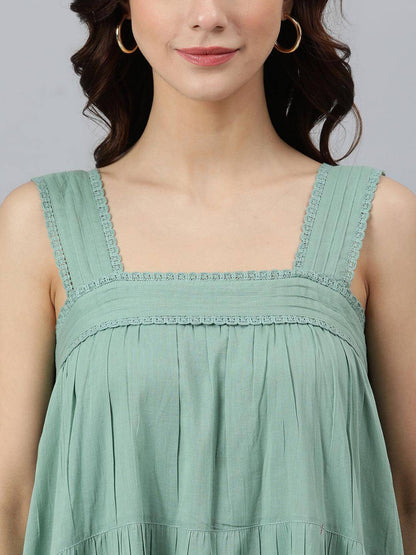 Mint Green Cotton Solid Flared Western Dress