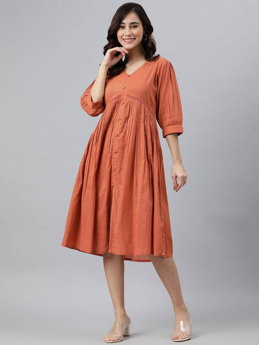 Silae Coral Orange Cotton Solid Flared Western Dress