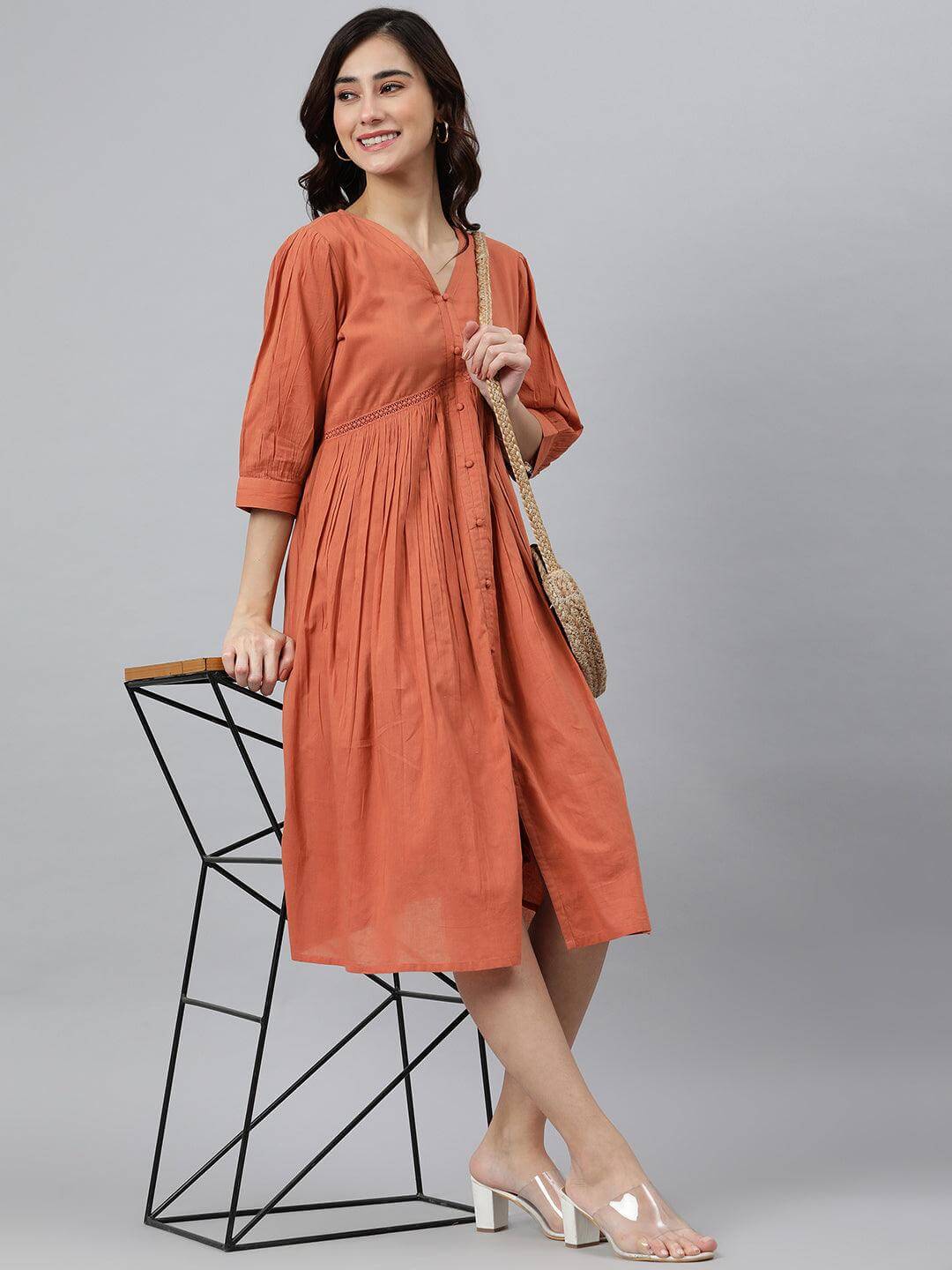 Silae Coral Orange Cotton Solid Flared Western Dress