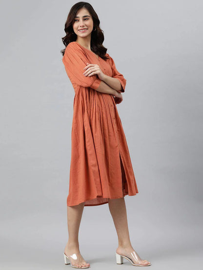 Silae Coral Orange Cotton Solid Flared Western Dress