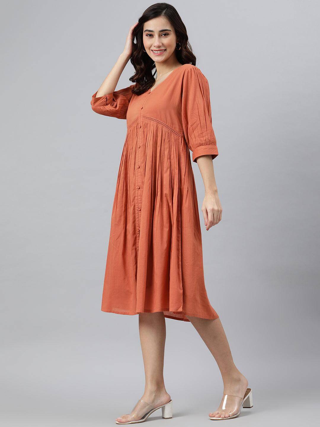 Silae Coral Orange Cotton Solid Flared Western Dress