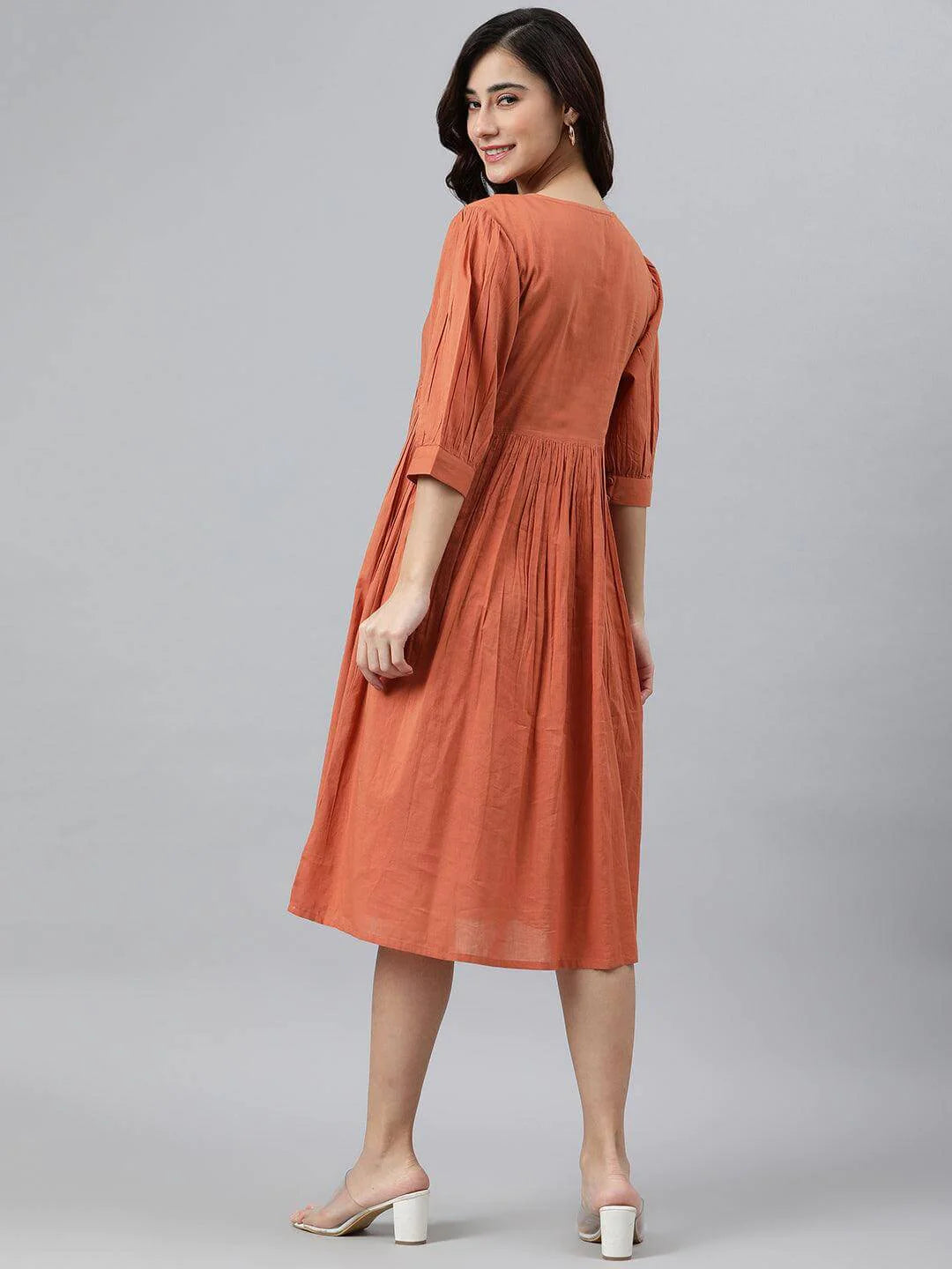 Silae Coral Orange Cotton Solid Flared Western Dress