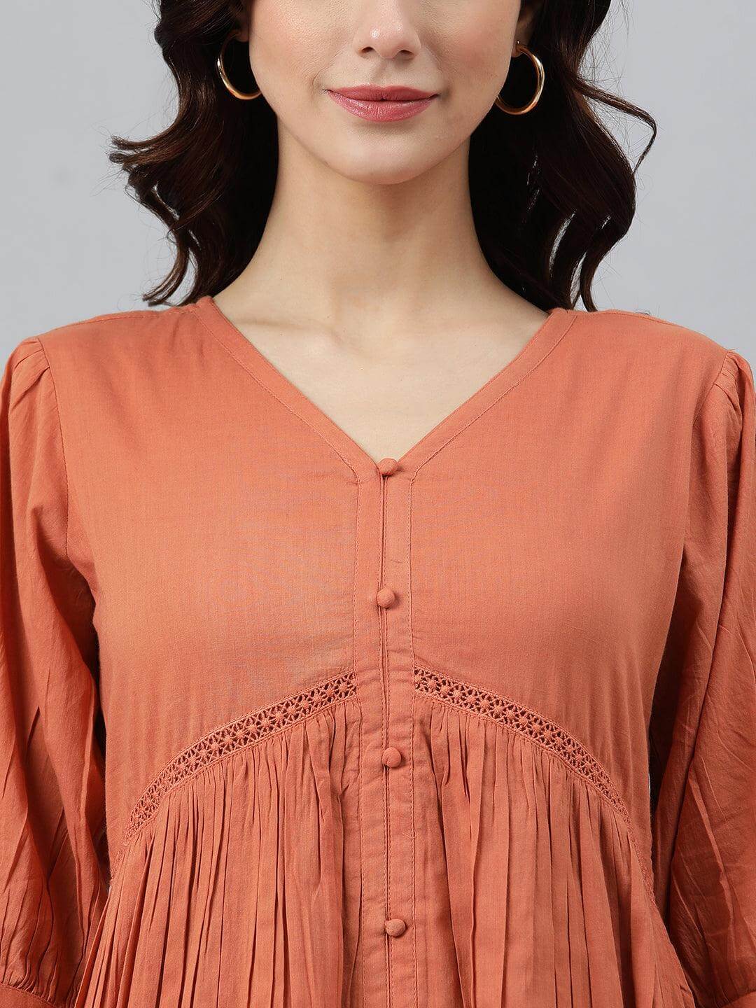 Silae Coral Orange Cotton Solid Flared Western Dress