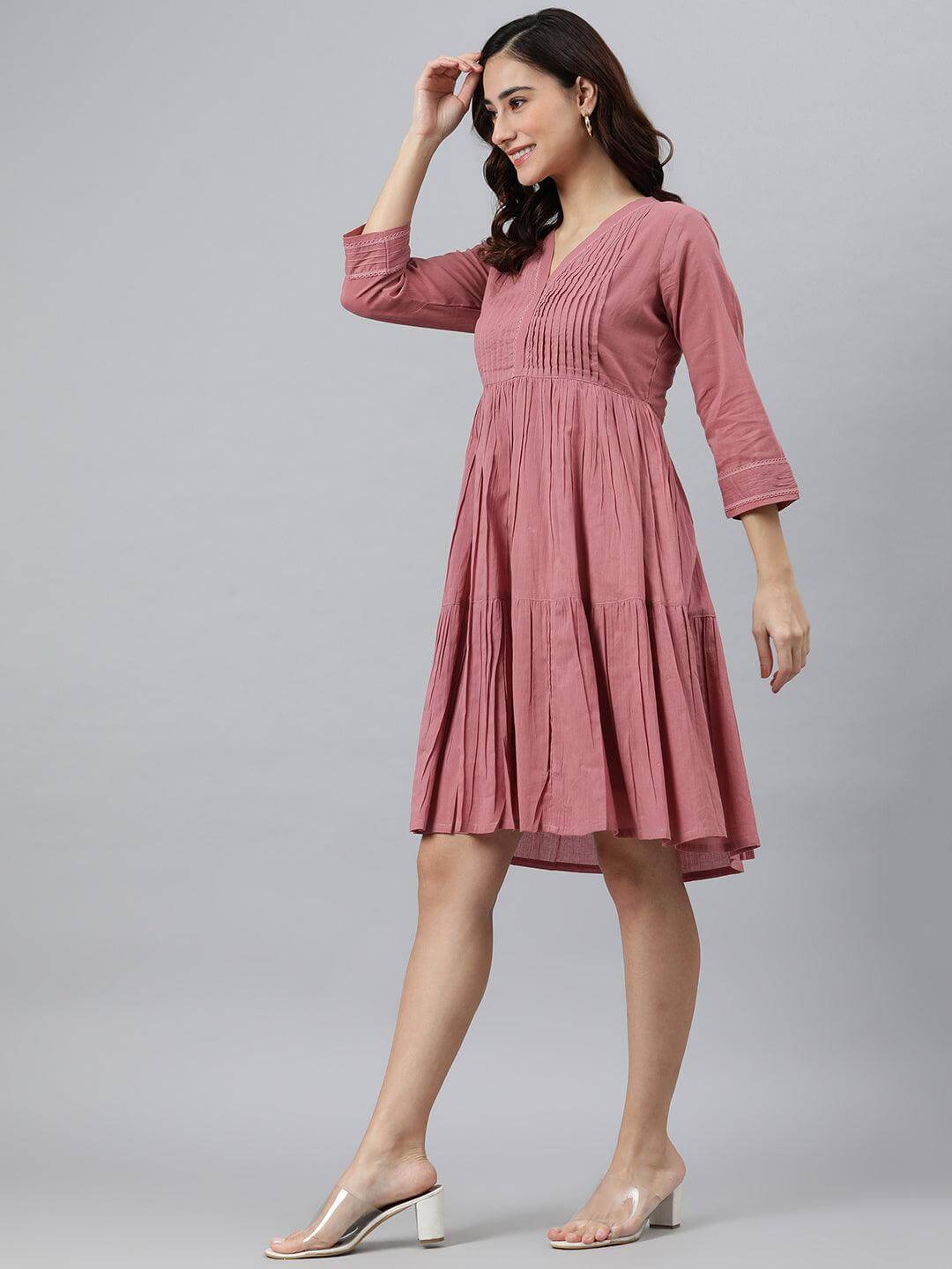 Coral Pink Cotton Solid Flared Western Dress