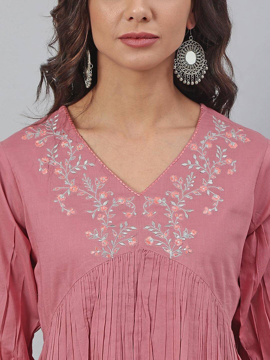 Pink Cotton Embroidered Fit And Flared Top