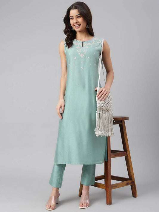 Sea Green Chanderi Silk Solid Kurta With Pant