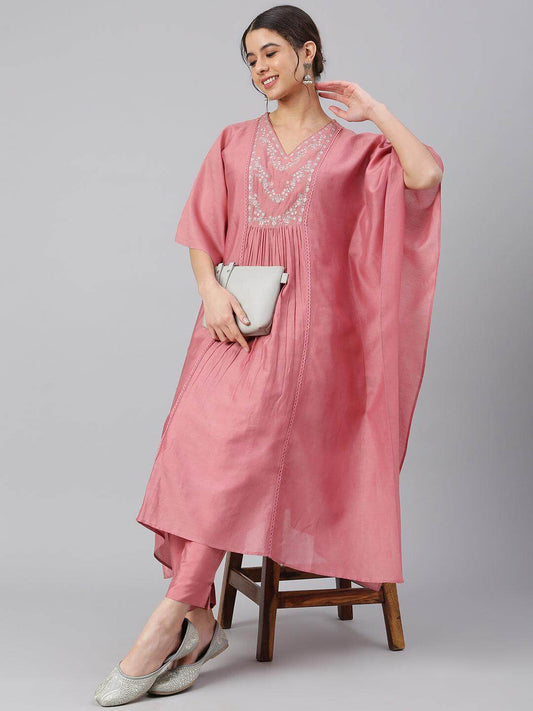 Rose Red Polyester Solid Kurta With Pant