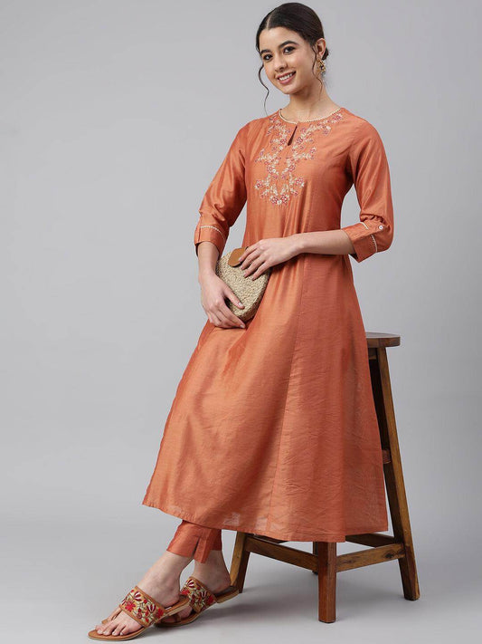 Rust Orange Poly Silk Embroidered Kurta With Pant