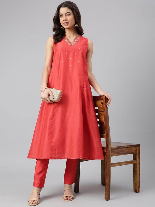 Red Art Silk Solid Kurta With Pant