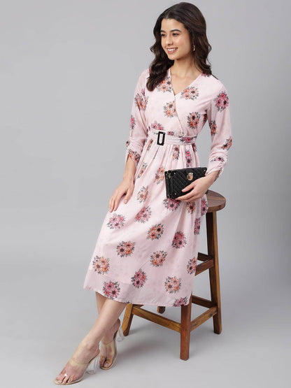 Peach Georgette Floral Print Flared Western Dress