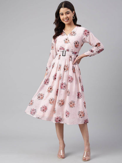 Peach Georgette Floral Print Flared Western Dress