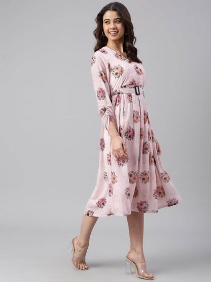 Peach Georgette Floral Print Flared Western Dress