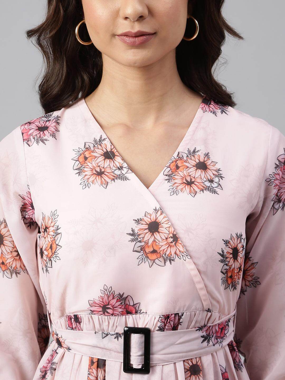 Peach Georgette Floral Print Flared Western Dress